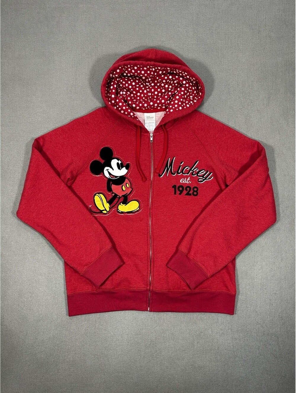 Disney Store Mickey Est. 1928 Full Zip Hoodie Sweatshirt Womens Large Red Patch